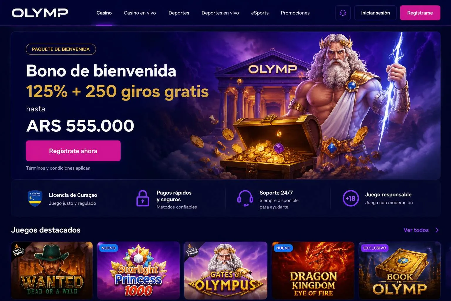 Página principal y bonos de Olimp Casino